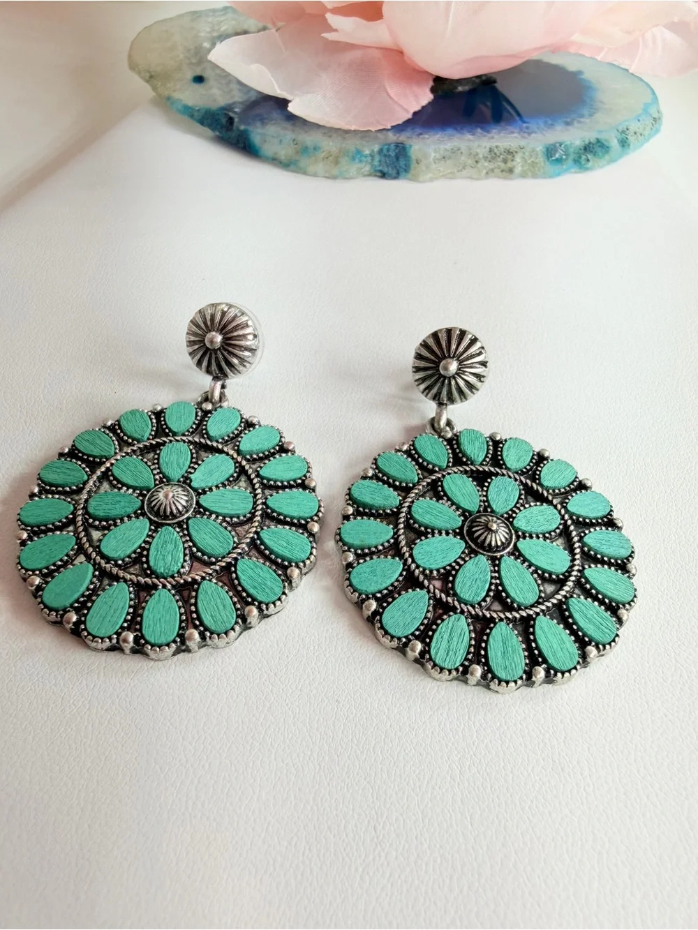 Teal Floral Medallion Drop Earrings - Women Jewelry